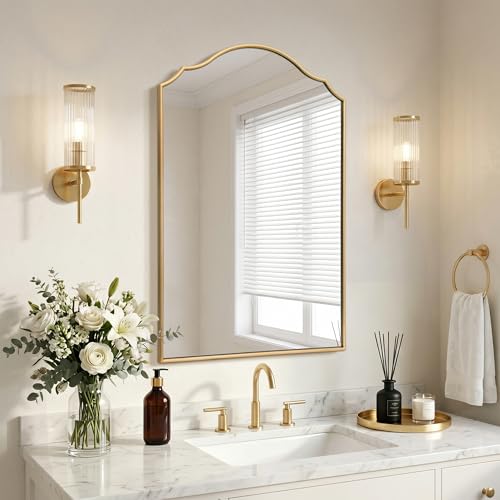 Besdomus Scalloped Gold Mirror for Bathroom: 24"x36" Minimalist Modern Arched Mirror - Wooden Frame Wall for Vanity/Bedroom/Mantle/Entryway/Fireplace/Hallway - Idea for Housewife - color: Gold Leaf, size: 36"L x 24"W
