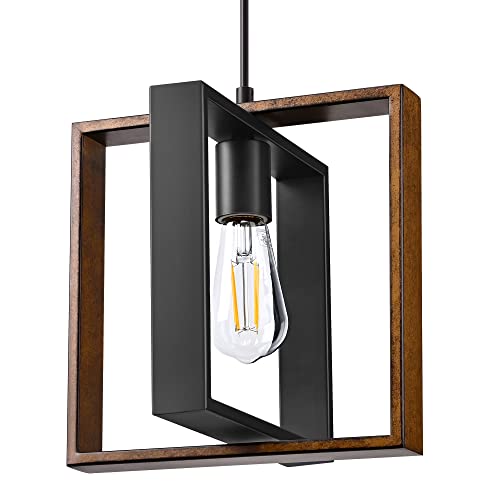 EDISHINE Farmhouse Pendant Light Fixture, Rustic Hanging Light Fixture with Wood Grain and Black Finish, Pendant Lighting for Kitchen Island, Dining Room, Hallway, Adjustable Cord