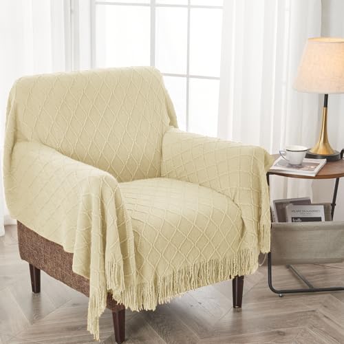 inhand Knitted Throw Blanket for Couch and Bed, Soft Living Room Home Decor Knitted Blanket with Tassel, Outdoor Lightweight Breathable Summer Blanket, Farmhouse Warm Woven Decorative, 50"x60" - color: Cloud Cream, size: 50"x60"