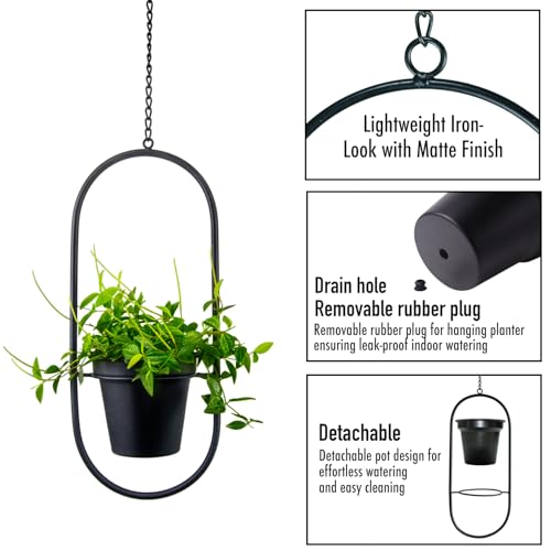 Modern Metal Hanging Planters Set of 2 - Round and Oval Geometric Plant Hangers with 5 Inch Pots - Black Wall and Ceiling Mount Flower Holders for Indoor and Covered Outdoor Décor - size: CIRCLE +OVAL - 5 INCH POT