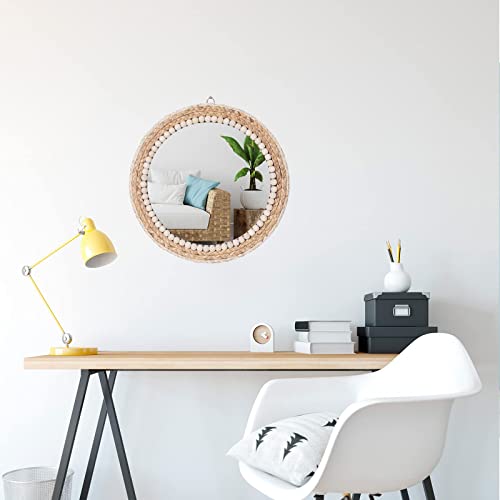 15 Inch Boho Round Hanging Wall Mirror Decorative Rattan Circle Mirrors for Farmhouse, Living Room, Bedroom - color: 15 Inch Wood
