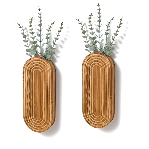 2 Pack Carved Wood Wall Planters with Fake Eucalyptus Stems for Wall Decor - Boho Wooden Wall Art for Living Room, Bedroom, Bathroom (Brown)
