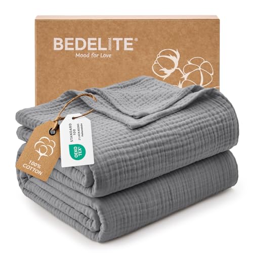 BEDELITE 100% Cotton Muslin Blankets for Adults - 4-Layer King Size Breathable and Lightweight Gauze Blanket for Couch, Bed, Travel and Summer, Soft & Cozy Gift for Women, Grey, 108"x90" - color: Grey, size: King(108"x90")