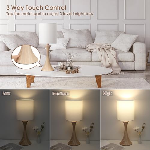 Bedside Touch Lamp, 3 Way Dimmable Touch Control Table Lamp, Wood Grain Farmhouse Table Lamp, Modern Nightstand Lamp with White Shade for Bedroom, Dorm, Office, 3000K LED Bulb Included - color: Wood Grain Base with White Shade