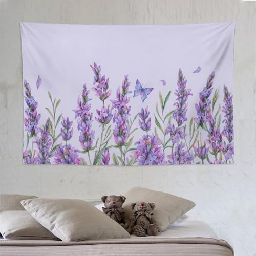 HZOHNAGO Lavender Flower Tapestry Watercolor Purple Floral Butterfly Pattern Printed Wall Tapestry Wall Hanging for Bedroom Living Room Dorm 90" W x 60" H - color: Lavender-10, size: 90"L x 60"W