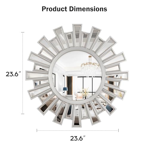 23.6" Sunburst Round Mirror, Silver Sun Decorative Wall Mirror, Design for Fireplace Mantel Foyer Entryway Bedroom, Modern Glam Sunflower Wall Art | Easy Hanging Wall Decor for Living Room - color: Sliver