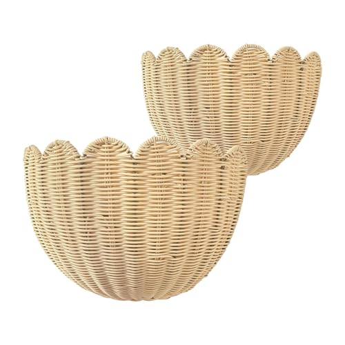 Set of 2 Scalloped Hanging Wicker Baskets for Wall, Scalloped Home Decor, Hanging Woven Rattan Wall Basket for Flowers Front Door Bathroom Storage (Imitation Rattan) - color: Beige, size: S+M