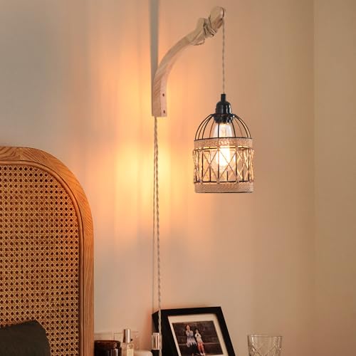 Plug in Wall Sconce,Farmhouse Wicker Wall Lamp Plug in,Hand Woven Rattan Wall Light Farmhouse Rustic Boho Sconces Wall Lighting for Living Room Bedroom - color: Birdcage, size: 1 PACK