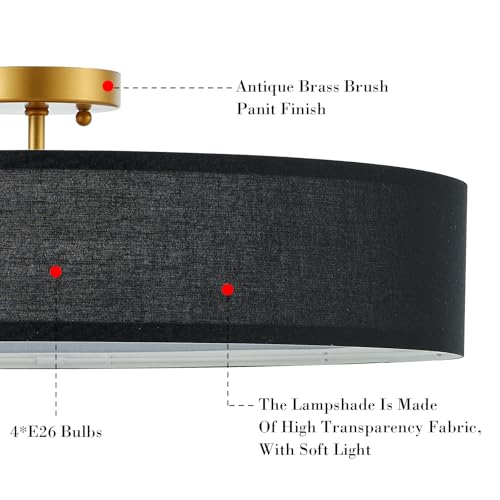 VILUXY Black and Gold Semi Flush Mount Ceiling Light Fixture, 24’’ Large Modern Ceiling Light with Linen Fabric Shade 5-Light Drum Ceiling Lamp for Bedroom Living Dining Room Enteyway - color: Black