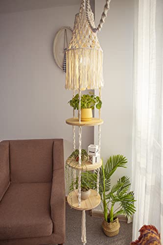 YKBU Macrame Plant Hanger Shelf Hanging Rope Shelf Indoor with Boho Lamp Shade 3 Tier Floating Round Shelves Decorative Shelf Flower Pot Holder Planter Display Rack Boho Home Decor-1 Set - color: Cream