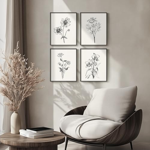 Framed Black and White Floral Wall Art for Bedroom, 4 Piece Vintage Botanical Canvas Paintings Artwork for Modern Farmhouse, Minimalist Flower Pictures for Living Room Kitchen Bathroom Wall Decor - color: Sketch - Black Framed, size: 11" W x 14" H x 4pcs