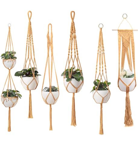 feedee Macrame Plant Hangers - 6 Pack, Brown, Indoor/Outdoor, 11.9 lbs Capacity, Ready to Hang - color: Brown, size: Pack of 6