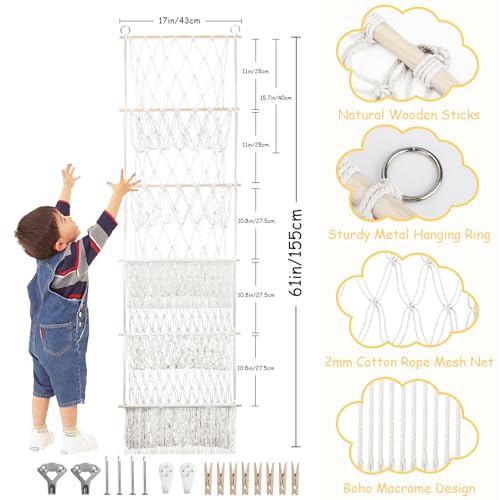 5 Tier Stuffed Animal Storage Shelf Net, 17x61 Inch Large Plushie Net w/LED Light & Clips for Mini Medium Stuffy Teddy, Beige Boho Macrame Wall Toy Holder Display for Nursery Kids Girls Boys - color: Beige, size: Large-5 Tier-17x61 Inch