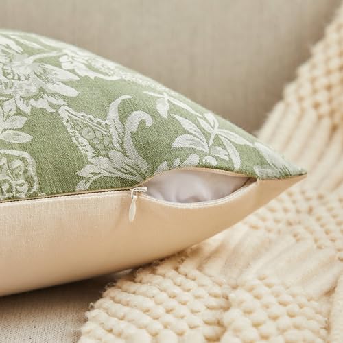 Floral Jacquard Throw Pillow Covers Set of 2, Background/Green 22x22 Inch, Farmhouse Decorative Cotton Sage Green Cushion Covers for Sofa Bed Living Room Home Decor - color: Background/Green, size: 22" x 22" (Pack of 2)