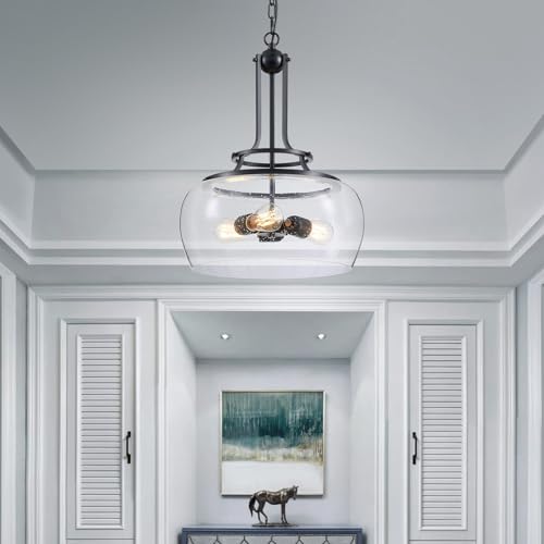 WUZUPS Chandelier Rustic Farmhouse Industrial Round Ceiling Pendant LED Light Fixture Clear Seeded Glass Shade for Dining Room Kitchen Island Foyer Entryway, H 20.9" x W 15.9", Black - color: Pendant Light, Black, 3-Light, size: H 20.9" * W 15.9"
