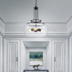 WUZUPS Chandelier Rustic Farmhouse Industrial Round Ceiling Pendant LED Light Fixture Clear Seeded Glass Shade for Dining Room Kitchen Island Foyer Entryway, H 20.9" x W 15.9", Black - color: Pendant Light, Black, 3-Light, size: H 20.9" * W 15.9"