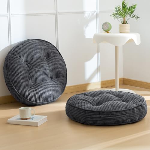 HIGOGOGO Floor Pillow Cushion for Adults, Meditation Cushion Pillow, Large Round Floor Sitting, Tufted Corduroy Cover, for Tatami Living Room or Yoga, 22x22 Inch, 2Pack, Dark Grey - color: Round Dark Grey, size: 4" Thick(Pack of 2)
