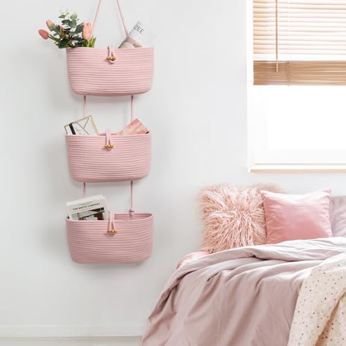 TeoKJ Over the Door Hanging Baskets with Button Strap, 3-Tier Woven Cotton Storage Organizer Bag, Wall-Mounted with Hook Decorative Hanging Nursery Baskets - Pink - color: Pink, style: 3 tier+Button