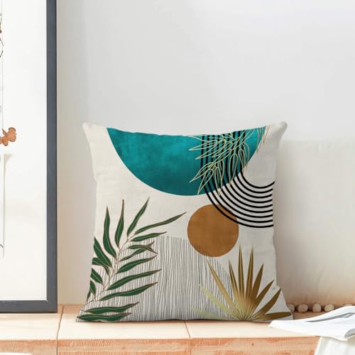 Boho Pillow Covers 16x16 Set of 2 Abstract Teal Green Gold Sunset Throw Pillow Covers Outdoor Decor Mid Century Bohemian Style Tropical Leaf Pillowcase Farmhouse Cushion Case for Sofa Couch - color: Mid-century-teal, size: 16" x 16" (Pack of 2)