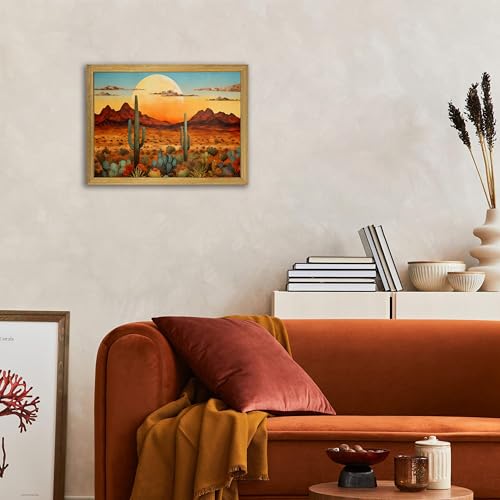 Framed Western Desert Sunset Cactus Wall Art, Vintage Southwest Nature Landscape Canvas Print, Rustic Wall Decor Picture, Boho Mexican Oil Painting for Living Room Bedroom Office bathroom 12x16 Inch - color: Landscape Painting C, size: 16"L x 12"W