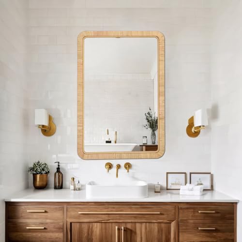 FUIN 24"x36" Rattan Wall Mirror, Natural Wicker Rectangle Bathroom Vanity Mirror, Hanging Boho Decorative Mirror for Farmhouse, Entryway, Bedroom, Living Room, Horizontal Vertical Mount - color: Rattan, size: 36"L x 24"W