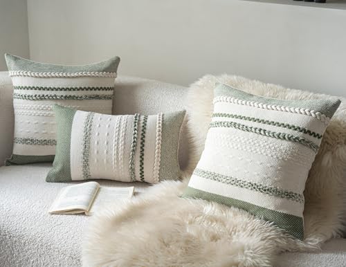 Cethom Boho Throw Pillow Covers 20x20 Inch Set of 2, Green Textured Decorative Couch Pillow Cases for Farmhouse Home Decor, Accent Cushion Cover for Sofa, Bed, Living Room, Bedroom - color: Green, size: 20" x 20" (Pack of 2)