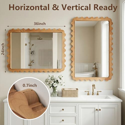 Wavy Solid Wood Wall Mirror, 24x35 Inch Bathroom Mirror, Large Scalloped Rectangle Mirror for Wall Decor, Boho Decorative Wall Mirror for Bedroom, Living Room, Entryway