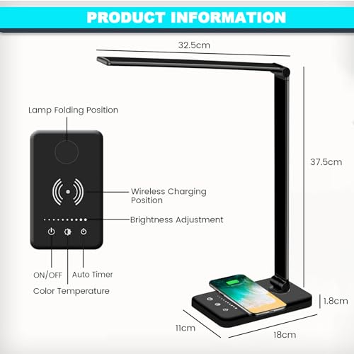 LED Desk Lamp with Wireless Charger, USB Charging Port, 10 Brightness, 5 Color Modes, Desk Lamps for Home Office, Dimmable Table Lamp Eye Caring Reading Light, Touch Control, Auto Timer, Black - color: Black, size: PRO