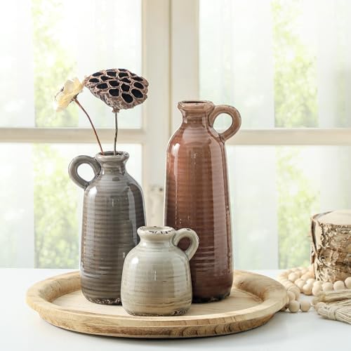 Ceramic Vases Set of 3, Neutral Rustic Farmhouse Vase with Handle, Decorative Flower Vases Home Decor Modern Boho Pampass Vase for Table Mantel Entryway Shelf Living Room Kitchen Bathroom - Brown - color: 010 Vase Set With Handle - Brown