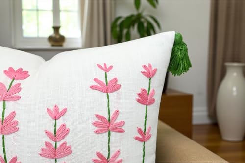 VAGMINE Embroidered Wildflower Floral 18x18 Throw Pillow Cover - White Pink Cotton Cushion with Tassel Corners for Sofa Couch Bed - Cottagecore Spring Decor - Daisy - color: Pink-daisy, size: 18" x 18" (Pack of 1)
