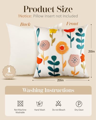 Embroidered Throw Pillow Cover - 20x20 Decorative Pillow Cover with Zipper Aesthetic Cute Design Boho Spring Summer Cozy Throw Pillowcase for Living Room Couch Sofa Bed, Plants - color: Plants, size: 20" x 20" (Pack of 1)