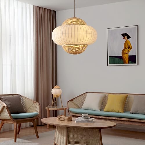 Hikari - Large Japanese Boho-Chic Bamboo 4 Light Pendant Light with Elegant Silk Fabric + Woven Bamboo Shade - Adjustable Hanging Cord for Living Room, Dining, & Kitchen Island, UL Listed - color: Hikari - 4 Light