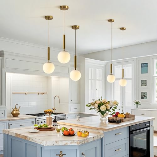 BOKT Mid Century Modern Gold Globe Pendant Light Milk White Opal Glass Pendant Light 1 Light Farmhouse Brushed Brass Mini Hanging Pendant Lights Kitchen Island for Bathroom Bedroom Hallway (Gold) - color: Gold