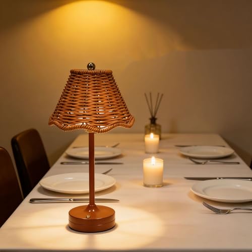 Boho Rattan Shade Table Lamp, Cordless Wicker Woven Vintage Table Lamp, 3 Colors Dimmable with Decorative Design, Ideal for Home Bedroom Living Room Office Decor (Brown) - color: Brown