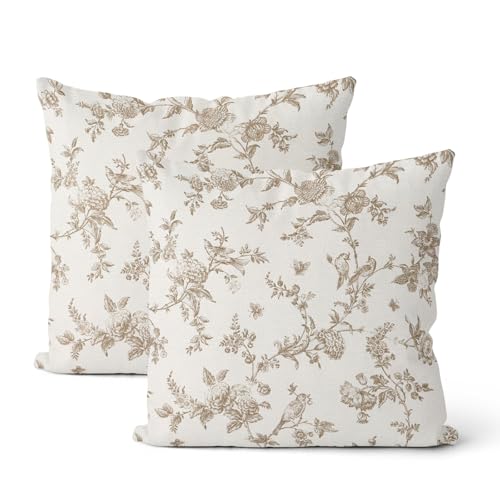 Brown Throw Pillow Covers 18x18 Inch 2 Pcs Chinoiserie Beige Floral Bird Decor Pillow Covers Vintage Toile Flower Seasonal Outdoor Decorative Pillowcase Linen Cushion Cover for Couch Sofa - color: Brown, size: 18" x 18" (Pack of 2)