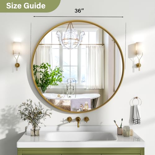 36 Inch Round Bathroom Mirror - Wall Mounted Circle Mirror with Metal Frame, Modern Mirror Suitable for Bathroom, Vanity, Entryway, Living Room, Wall Decor,Gold - color: Gold, size: 36"L x 36"W