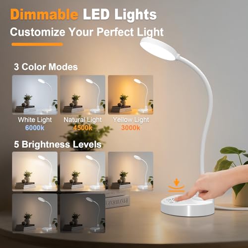 15W LED Desk Lamp with USB Charging Ports – Dimmable Table Lamp with 3 Color Temps, 5 Brightness, 4 Timers, Flexible Gooseneck Light with Base, Eye-Caring Reading Light for Home Office, Bedroom, Study - color: White, size: 3.5'' Lamp