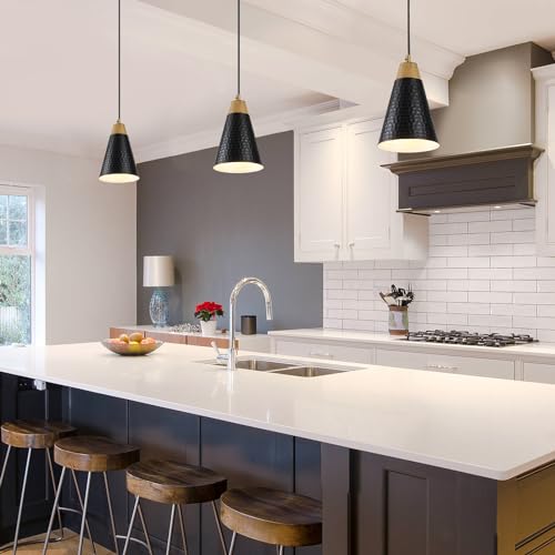 Dijiahua Black Kitchen Pendant Lighting Over Island 3 Pack,Small Modern Farmhouse Chandeliers with Hammered Metal Cone Shade,Mini Industrial Adjustable Cord Hanging Ceiling Lamp Fixtures Over Sink - color: Black and Wood