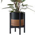 D'vine Dev Ceramic Planter with Ebony Stand - 10 Inch Modern Round Flower Pot with Wood Planter Holder, Black/Speckled Tan, 55-B-L-7 - color: Black/Speckled Tan Pot + Ebony Stand, size: 10 Inch