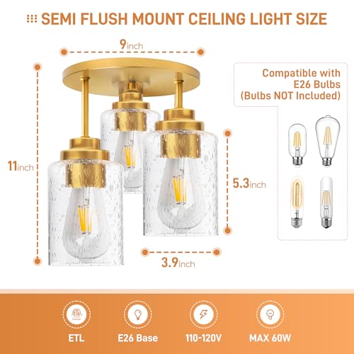 hykolity 3-Light Semi Flush Mount Ceiling Light, 9 Inch Gold Close to Ceiling Light Fixtures with Seeded Glass Shades, Modern Ceiling Lighting for Kitchen, Bedroom, Entryway, Hallway, ETL Listed - color: Gold