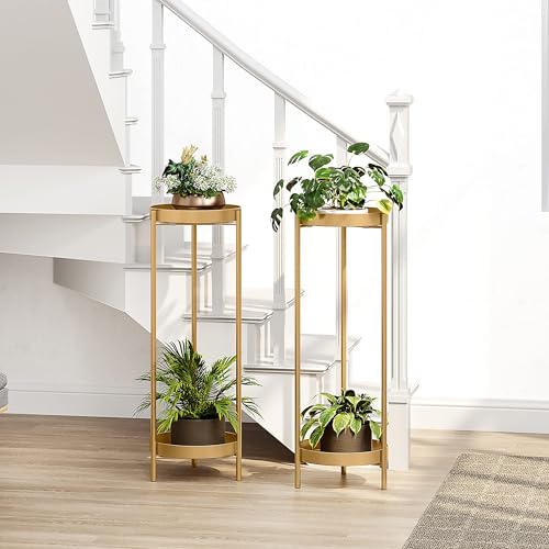 Metal Gold Tall Plant Stand Indoor or Outdoor - 30 inch 2 Tier Modern Corner Planter Shelf Rack with 2 Removable Display Shelves(10 inch) for Bedroom Living Room Balcony