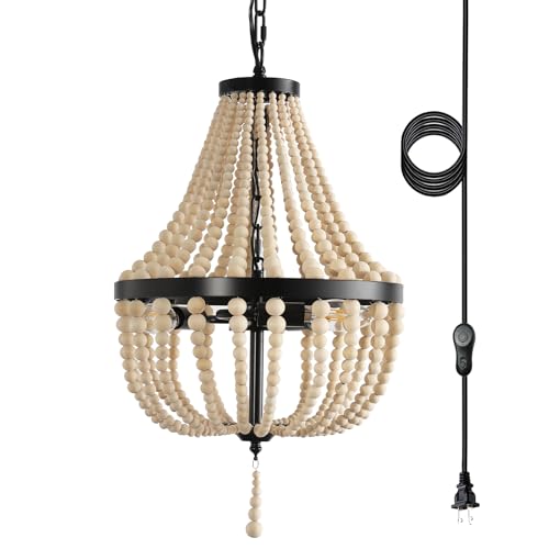 3-Light Plug in Chandelier Dimmable and Timer Mini Wood Beaded Bohemian Pendant Light Fixture with 16.4ft Swag Cord,Black Metal Finish Natural Color Beads,Dining Room,Living Room,Foyer,Bedroom… - color: Black, size: Plug in-3 Light