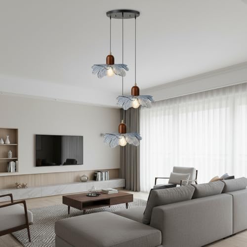 3-Light Blue Floral Pendant Light, Adjustable Hanging Light Fixture | Adjustable 59" Cord, Wood & Glass Construction, Ideal For Kitchen Islands, Dining Rooms, Bedrooms, Living Rooms, Apartments - color: Blue, 3 Lights