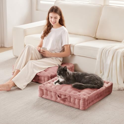 Intelligent Design Floor Pillow - Shredded Foam Filled Meditation & Yoga Cushion, Chenille Tufted, Handsewn Scalloped Edge, Oeko-TEX Certified, Azza, 24" x 24" x 5" Dusty Peach - color: Dusty Peach, size: 24"W x 24"L x 5"H
