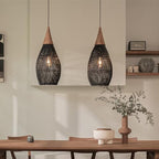 Rattan Pendant Light Wood Black Wicker Ceiling Hanging Lamp Bamboo Chandelier Farmhouse Vintage Rustic Cage Dome Pendant Lighting for Dining Room Table Kitchen Island Living Room Bedroom