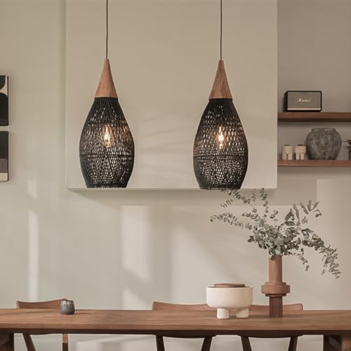 Rattan Pendant Light Wood Black Wicker Ceiling Hanging Lamp Bamboo Chandelier Farmhouse Vintage Rustic Cage Dome Pendant Lighting for Dining Room Table Kitchen Island Living Room Bedroom