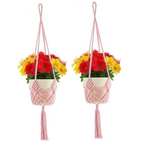 2 Pack Macrame Hanging Planters with Patterns - Stylish Plant Hangers Crochet Boho Plant Holder Hanging Plant Basket for Up to 6 Inch Pots(Pink) - color: Pink