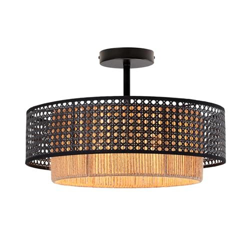 17.7" Black Bohemian Wicker Flush Mount Ceiling Light, Hand-Woven Double Layer Drum Semi-Flush Fixture for Bedroom, Living Room, Dining Room, Hallway & Kitchen - color: 17.7'' Rattan&Hemp rope Black