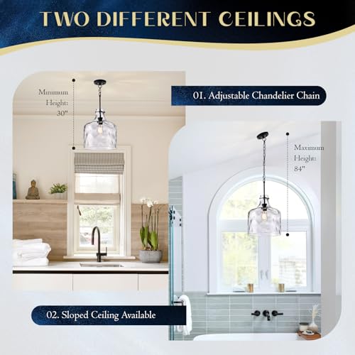 12" Farmhouse Pendant Light, Hand-Blown Clear Hammered Glass Hanging Ceiling Light Fixture with Black Finish and Adjustable Chain, Modern Rustic Lighting for Kitchen Island, Dining Room, E26 Socket - color: Chain Black