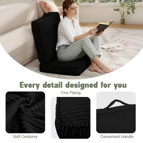 Floor Pillow for Adults Set of 2, 4" Square Floor Cushions with Washable Cover, Large Corduroy Meditation Pillow, 22 inches Tatami Seat with Handle for Living Room or Yoga, Black - color: Black, size: 22x22x4.2 inch